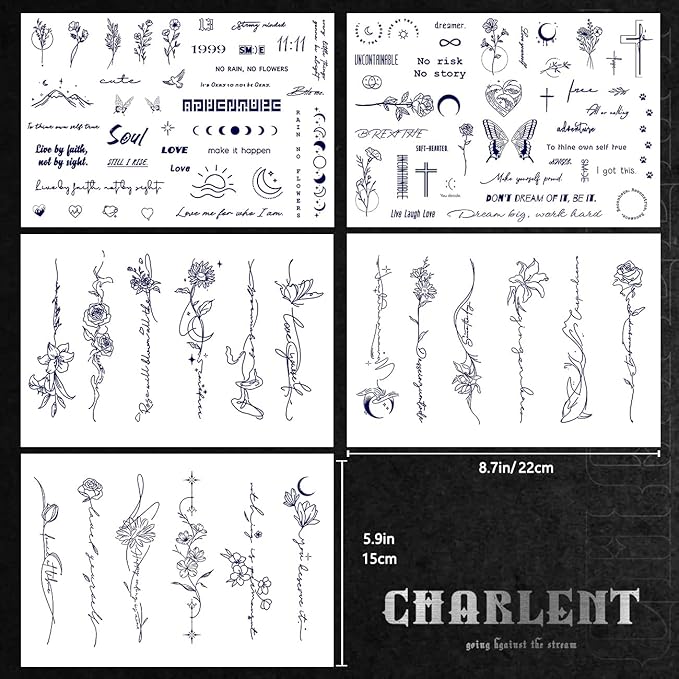 CHARLNET Semi-Permanent Tattoos for Adult - 2 Weeks Long Last Small Flower Words Tattoos for Women Men Hand Neck Body/Fades Naturally/No Reflection/Waterproof/Realistic, Minimal Line Art