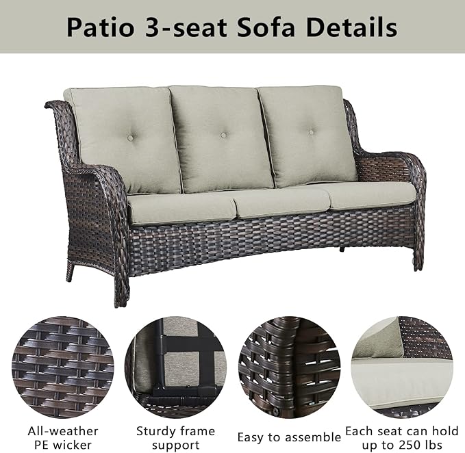 Belord Outdoor Wicker Furniture Patio Set - 7 Piece Backyard Furniture Brown Rattan Conversation Sets with Swivel Rocker Chairs, Rattan Sofa, Club Chairs and Coffee Table, Beige Cushion