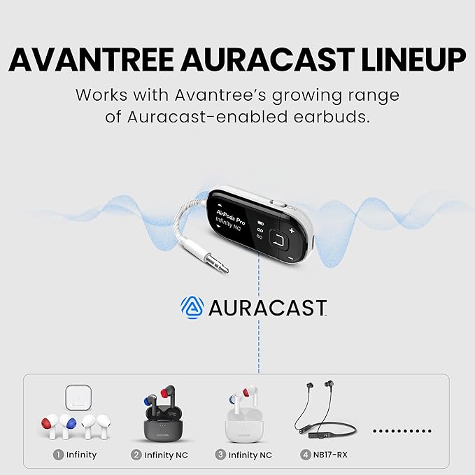 Avantree Voyager – OLED Display & Latest Auracast Bluetooth 5.4 Adapter for Airplane, Qualcomm Chip & aptX Adaptive, Wireless Audio Transmitter for Headphones, AirPods, Travel & Flight