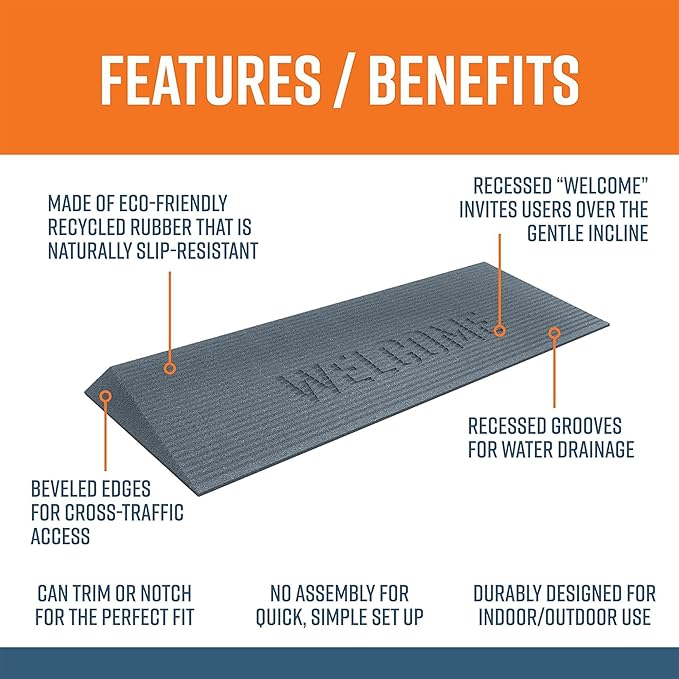 EZ-ACCESS TRANSITIONS 1.5 Inch Low Pile Transitional Non Slip Rectangular Rubber Angled Welcome Entry Mat Ideal for Indoor and Outdoor Use, Gray