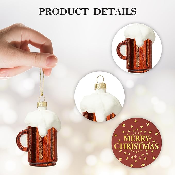 WDS WONDROUS Beer Mug Christmas Ornament & Decoration, Glass Hanging Beer Mug Ornament Set for Christmas Tree Red and White Decor Holiday Party Home Gift