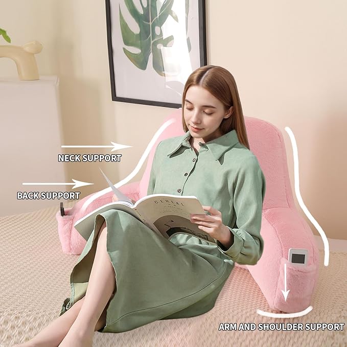 PAJEO Reading Pillow for Sitting in Bed, Large Backrest Reading Pillow with Arm Rest,Back-Rest Support Cushion for Sit Up on Couch, Sofa, and Floor, Dorm Essentials (Pink Faux Fur, Large(19"))