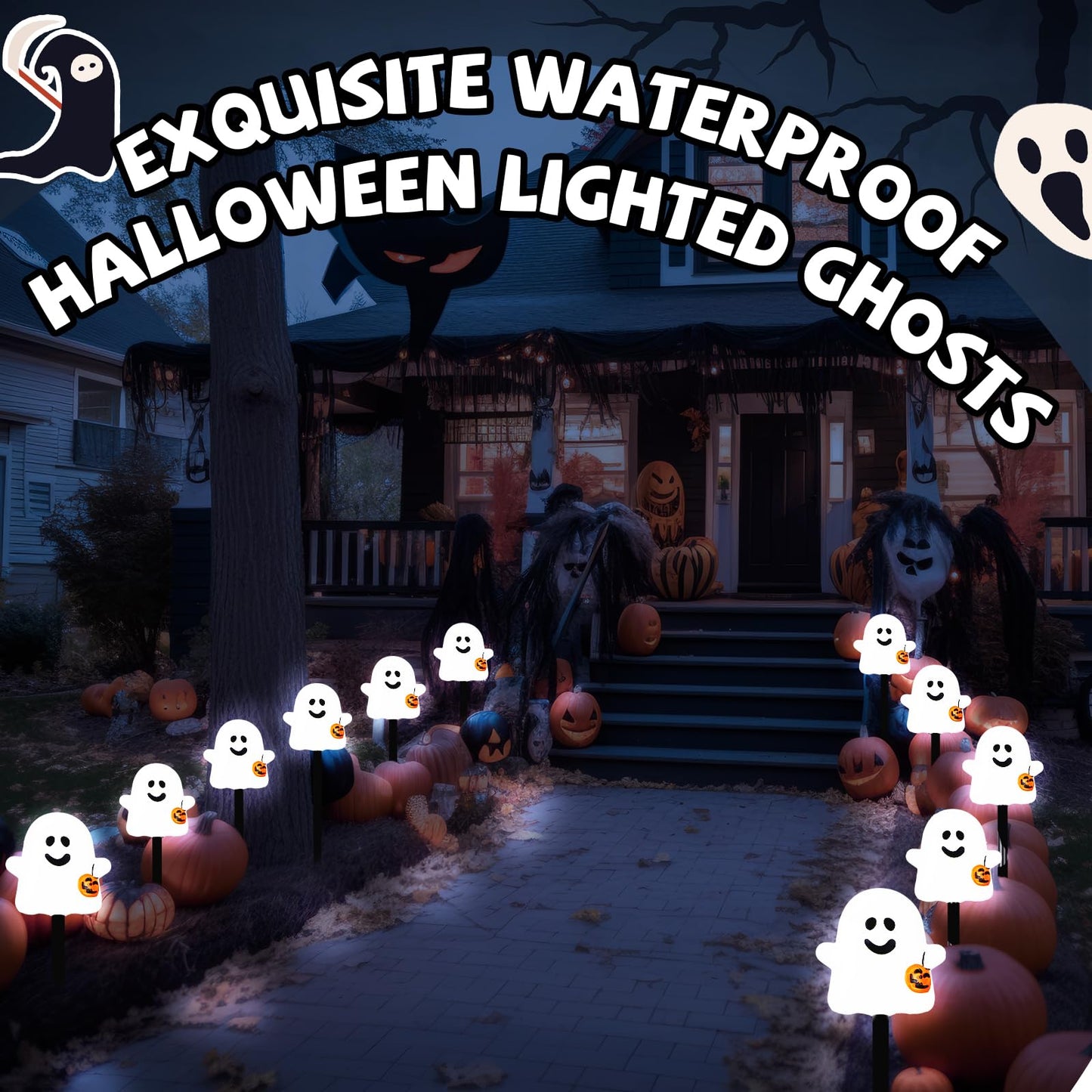 VIHOSE 12 Pcs Halloween Decorations Solar Ghosts Pathway Lights Outdoor Ghosts Stake Lights Solar Powered Garden Waterproof Lighted Halloween Decor for Yard Porch Lawn Walkway Garden Party Decor