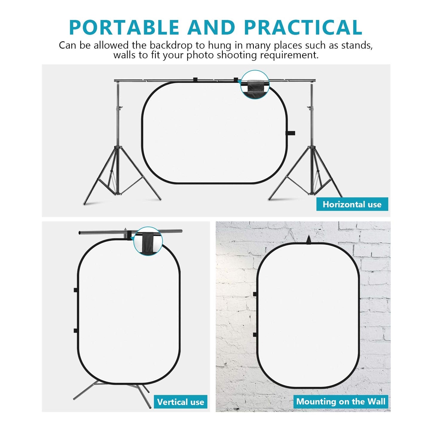 Neewer 5x7ft/1.5x2m Chromakey Foldable Backdrop with Stand 8.5ft/2.6m, 2-in-1 Reversible Black White Green Background Panel for Photography Studio, Live Streaming, Video Calls, Games
