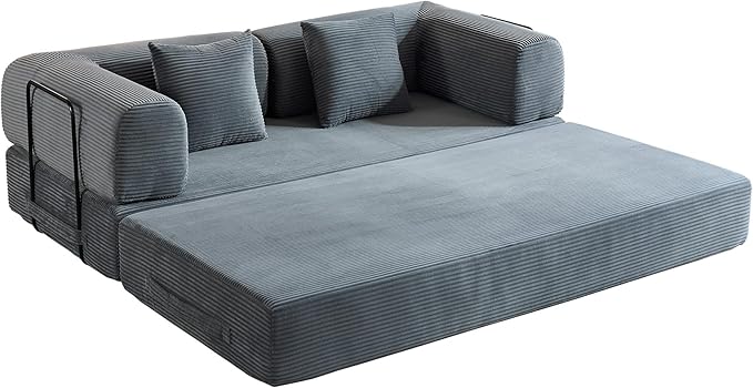 ZEIINPA Comfy Convertible Folding Mattress Couch, Floor Sofa Bed with Fixed-Shape Frame, Corduroy Floor Sofa with Armrest, Floor Sofa Lounge Couch for Living Room Bedroom Lounge Studio,Grey