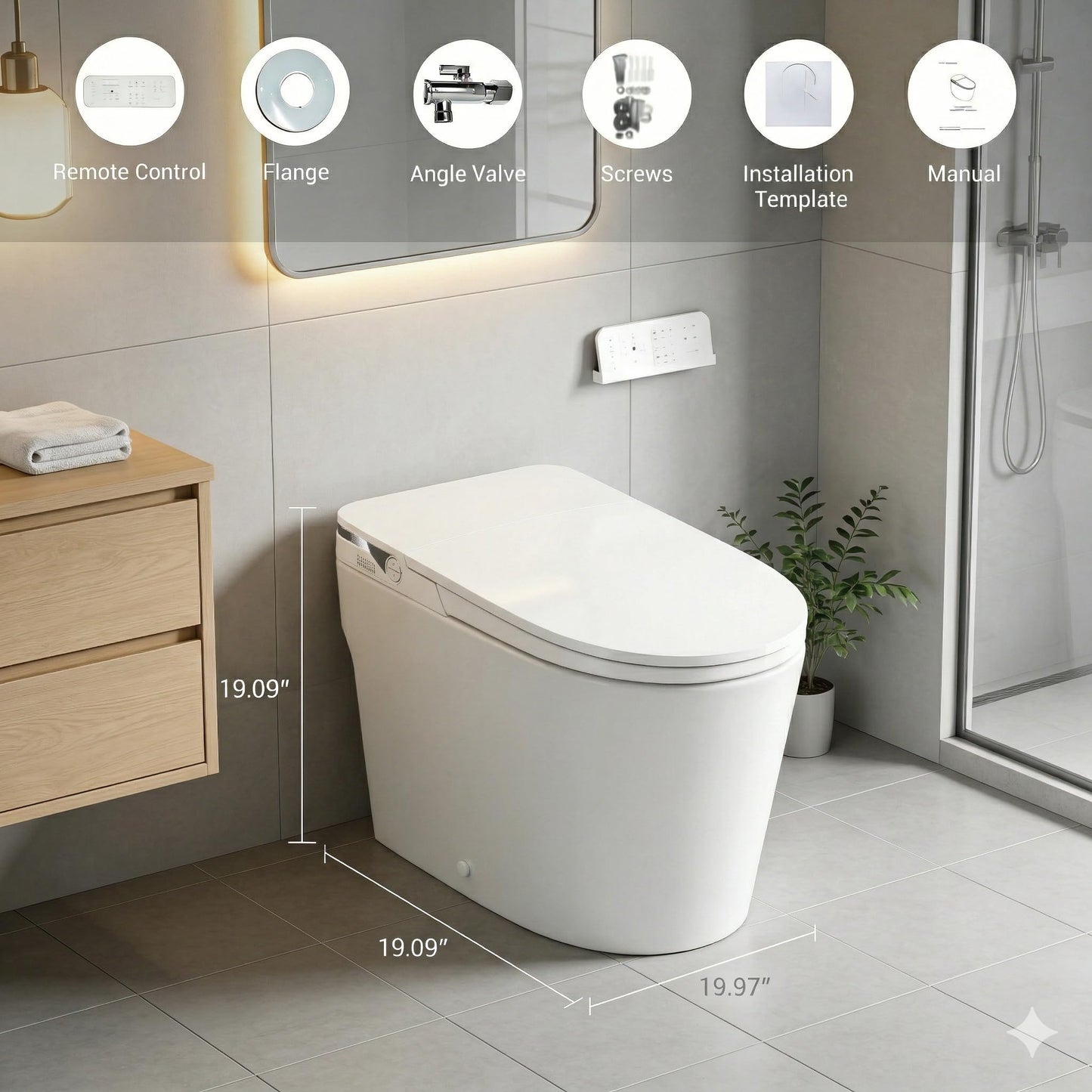 Milleloom 19 Inch Smart Toilet with Bidet Built In, One Piece Elongated Bidet Toilet, Heated Seat, Warm Water Wash, Warm Air Dryer, Auto Flush, Foot Sensor, LED Display, 1000g MaP Flush, 1.28 GPF