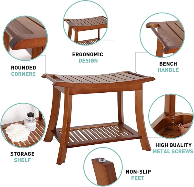 VVW Bamboo Shower Bench & Stool with Storage Shelf, Bath Benches for Inside Shower, Bathroom Stools 2-Tier Spa Seat for Adults Elderly (Walnut)