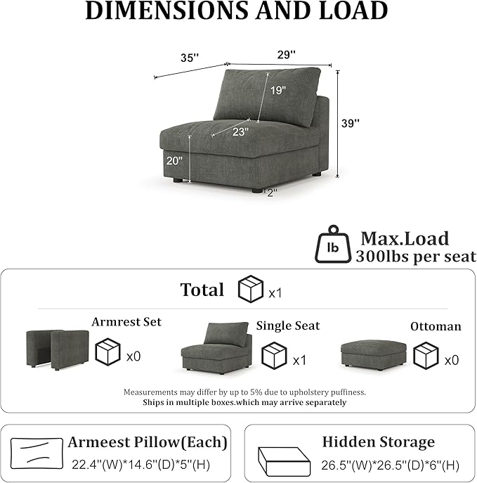 Cloud Modular Sectional Sofa Couch with Storage Ottoman, Oversized Sectional Couches for Living Room, Single Seat, Chenille, Dark Gray