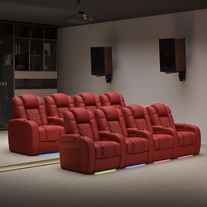 Weilianda Home Theater Seating Top Grain Leather Zero Gravity Recliner Chair Power Headrest Recline Movie Seat Gaming 7 Colors Mood Light Sofa with Tray Table USB Charge Row of 4 Loveseat Right Red