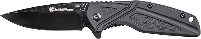 Smith & Wesson SW1101 6.89in Stainless Steel Folding Knife with 3in Drop Point Blade and Rubberized Handle for Outdoor, Ta...
