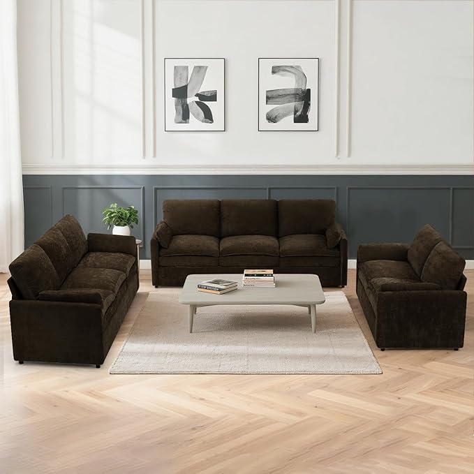 ACMEASE 3 Pieces Chenille Sofa Set w/Arm Pillows, Upholstered Loveseat & 2 Pieces 3 Seater Sofa w/Comfortable Back Cushions, Modern 2-Seat & 3-Seat w/High-Density Foam for Living Room, Brown