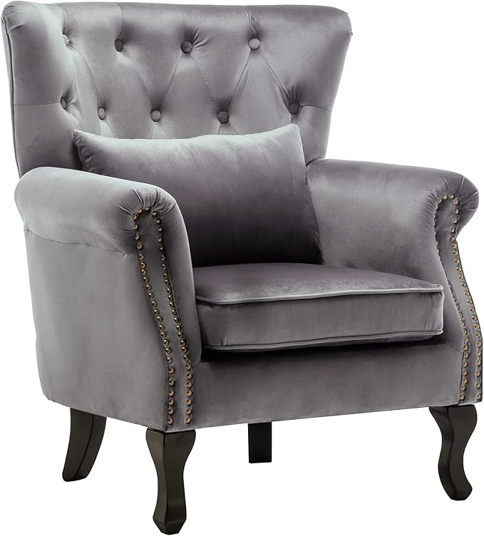 DM Furniture Mid Century Accent Chair Modern Button Tufted Armchair Wingback Club Chair Velvet Single Sofa Lounge Chair with Pillow for Living Room Bedroom, Grey
