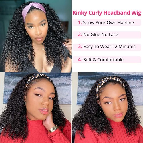 SUPERNOVA Headband Wig Human Hair Curly Headband Wigs For Women 180% Density Kinky Curly Headband Wig Human Hair Brazilian Glueless None Lace Front Wigs Hair（18inches）