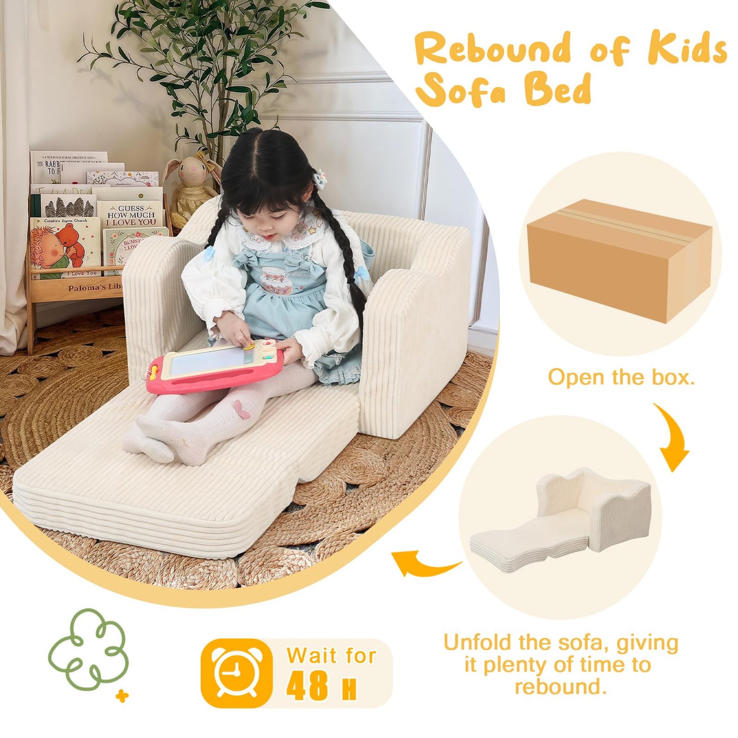 MeMoreCool Toddler Chair Comfy for 1-3 Years Old, Corduroy Kids Couch Bed Fold Out, 2-in-1 Foldable Baby Lounge Chair, Pull Out Children Sofa Bed, Beige