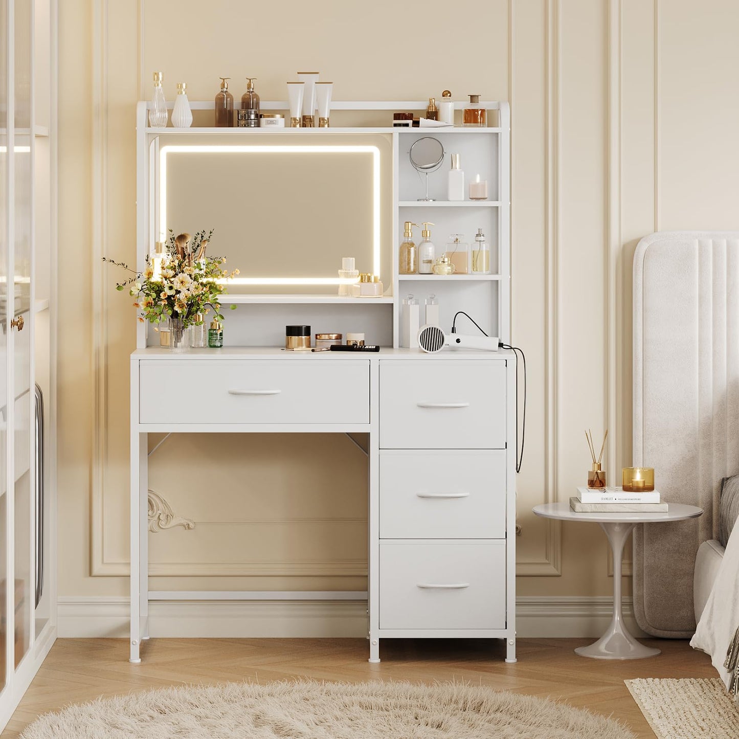 GarveeHome Vanity Desk with Mirror, 35.4” Makeup Vanity Table with Shelves, 4 Fabric Drawers Storage, Modern Dressing Table for Bedroom, Gift for Women