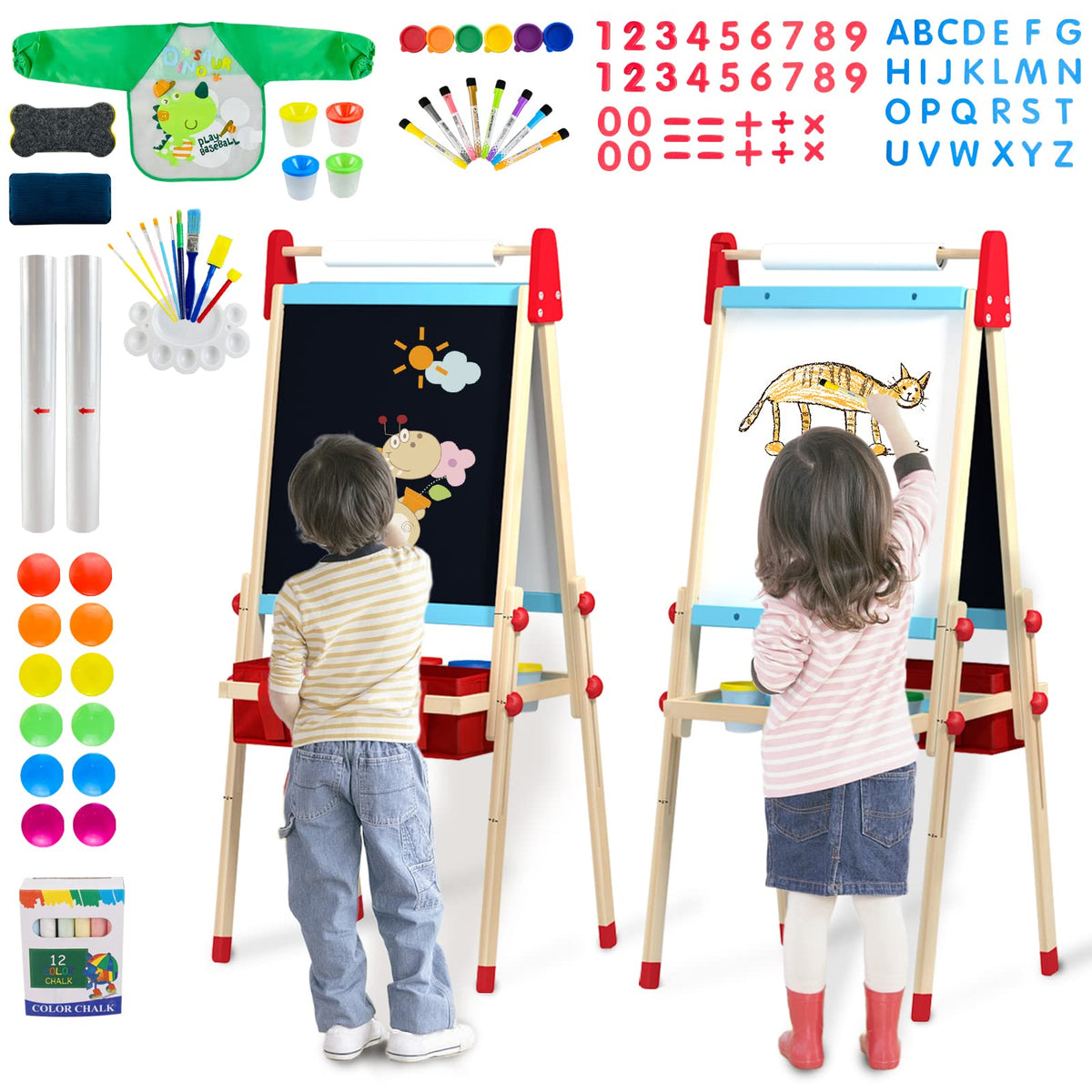 WOOD CITY Easel for Kids, Adjustable Standing Art Easel with Painting Accessories Wooden Chalkboard & Magnetic Whiteboard & Painting Paper Stand, Toddler Art Set Easel for Toddlers 2-12 Year Olds