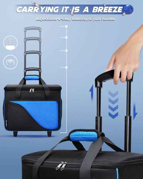 2 Ball Bowling Bag with Wheels Double Bowling Ball Bag for Bowling Equipment Accessories Blue Bowling Roller Bags for Bowling Stuff Supplies Rolling Tote with Bowling Shoe Bag Ball Stand Bowling Gifts