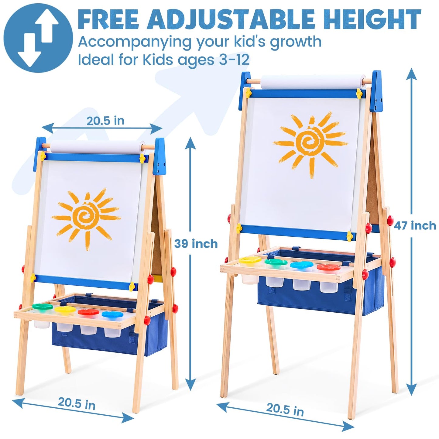 Art Easel for Toddlers Kids, Adjustable Standing Art Easel with Magnetic Chalkboard & Whiteboard, Dry-Erase Board, Paper Roll, Drawing & Painting Easel for Kids Ages 3 4-8 9-12, Blue w/Bag