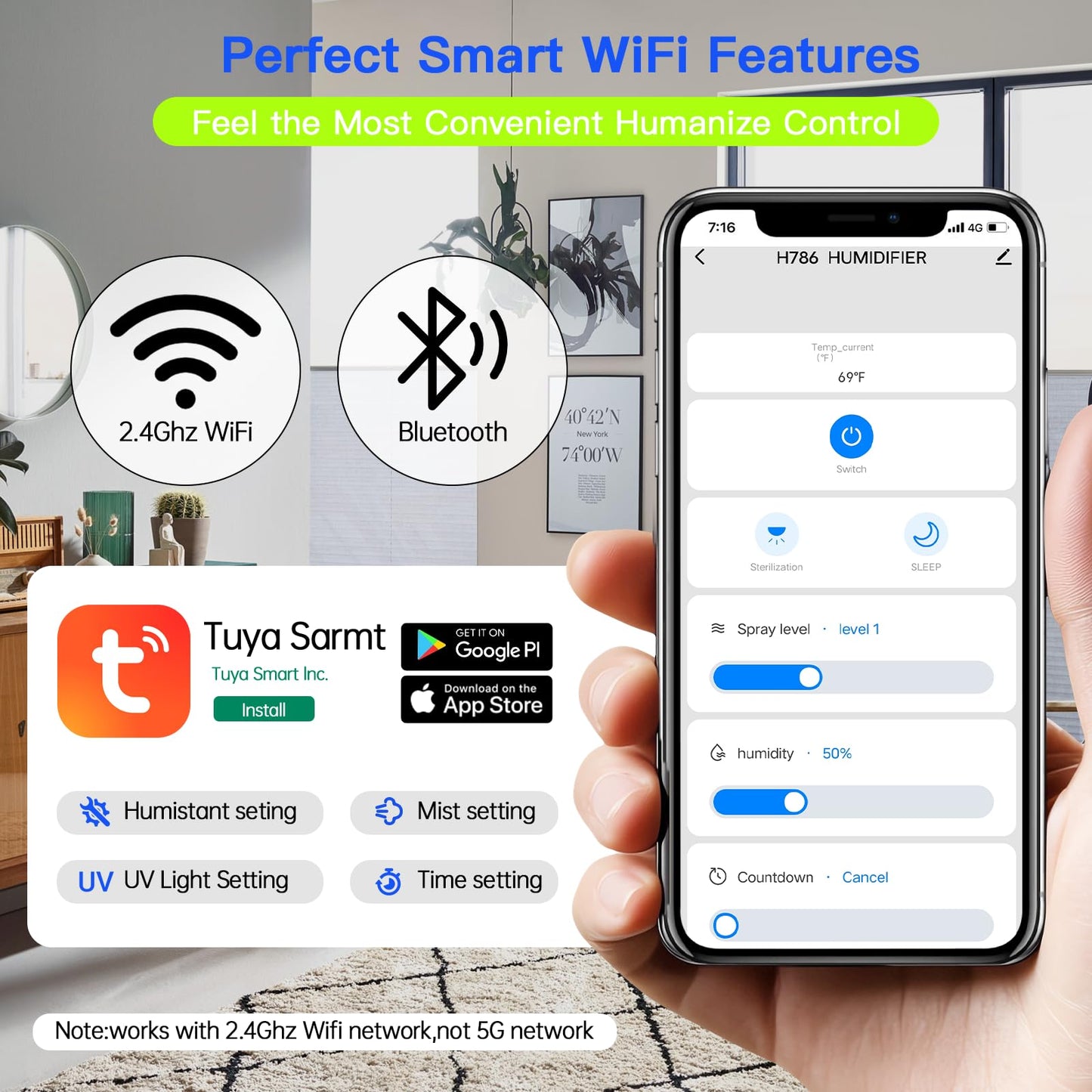 Smart Humidifiers Large Room Bedroom Home, 2.11Gal(8L) Quiet Top Fill Cool Mist Humidifier, Smart App & Remote Control, 3 Speed