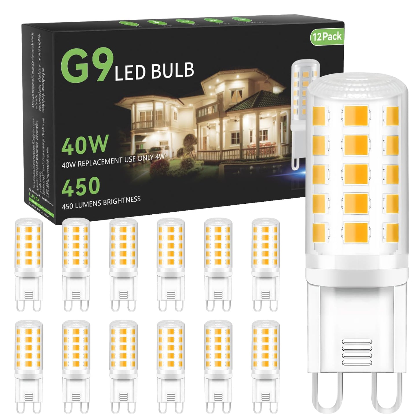 TJOY 12 Pack G9 LED Bulb 4W Equivalent 40 Watt, Replacement G9 Halogen Light Bulb, 3000K Soft Warm White, T4 Bi-pin Base, Small G 9 Socket for Chandelier, 120V, 450 Lumen, Non-dimmable