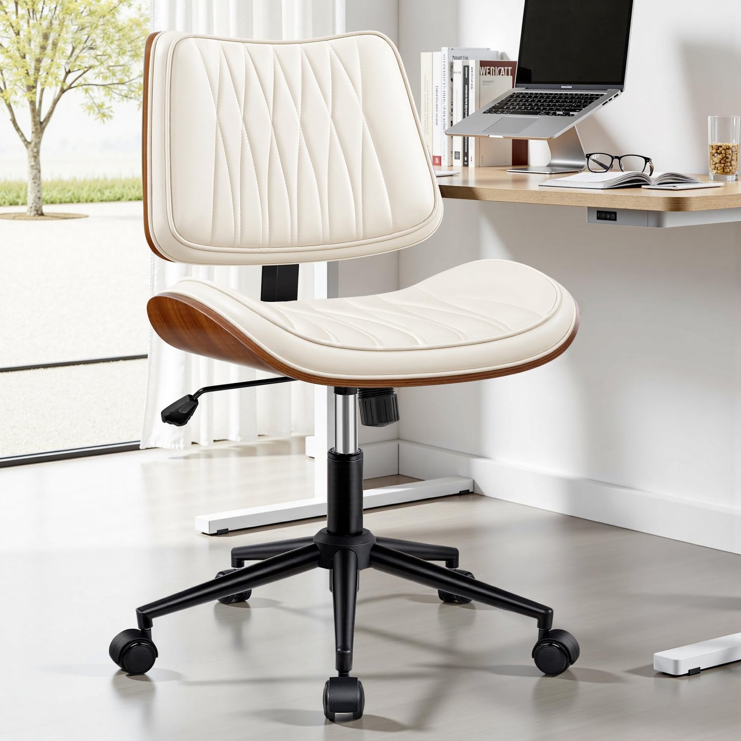 Ergonomic Armless Office Desk Chair - Mid-Century Modern White Faux Leather with Diamond Stitch, Adjustable Height Swivel Rolling Task Computer Chair with Walnut Accent for Home Office, Study & Work