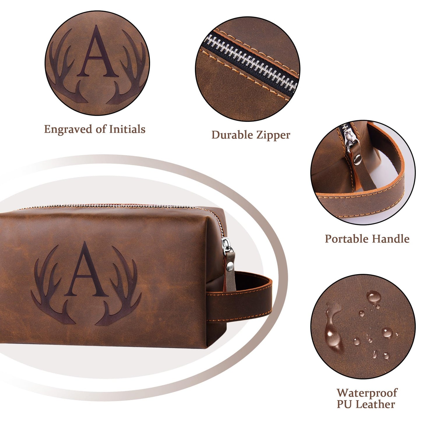 Aganmi Personalized Mens Travel Toiletry Bag Engraved Initial Letter PU Leather Waterproof Shaving Bag Cool Boss Colleague Friends Brother Gifts Storage Bags Fathers Day Birthday Gifts for Men (T)