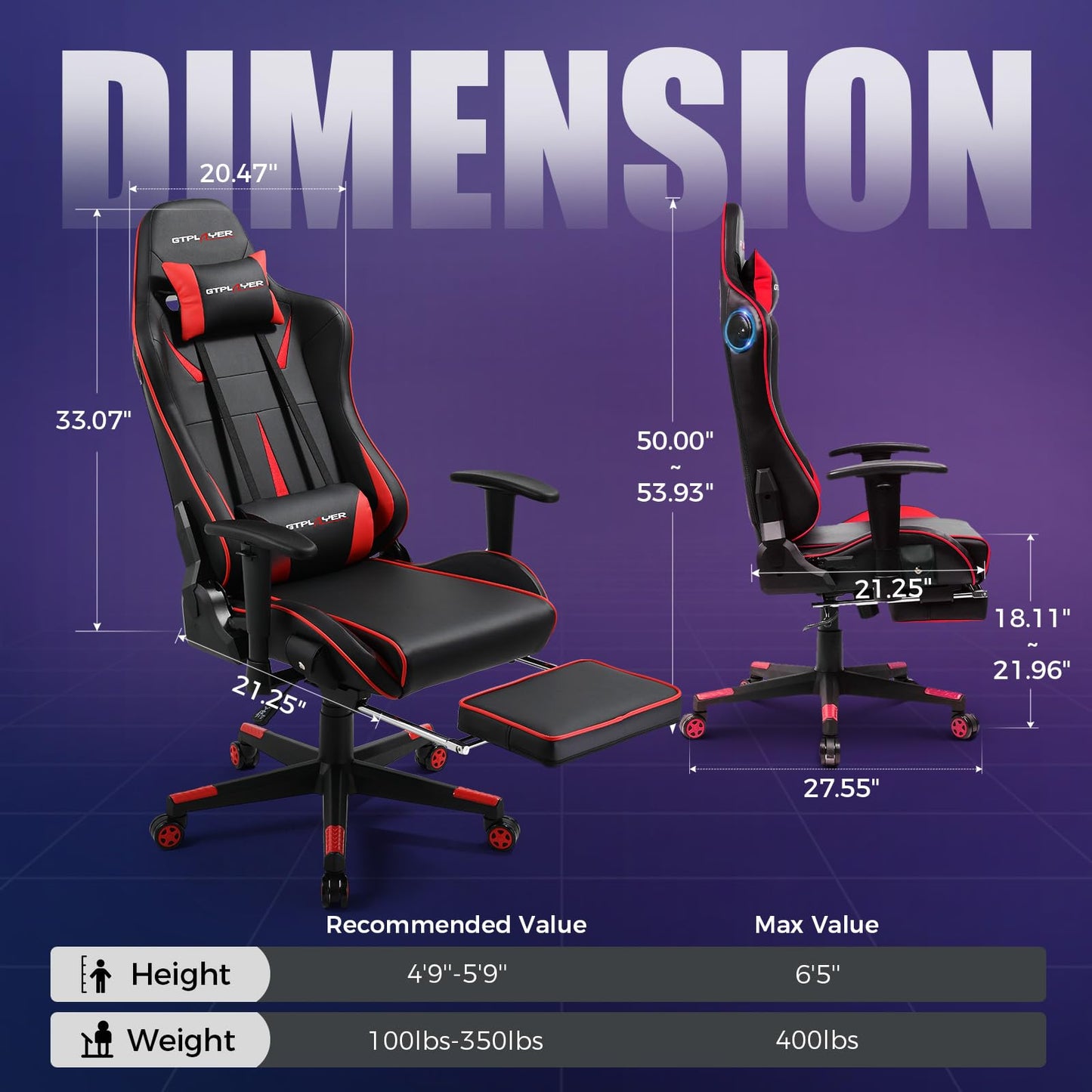GTPLAYER Gaming Chair with Speakers, Music Gaming Recliner Chair for Adults and Kids, Height Adjustable Computer Game Reclining Chair with Footrest by GTRacing (Red)