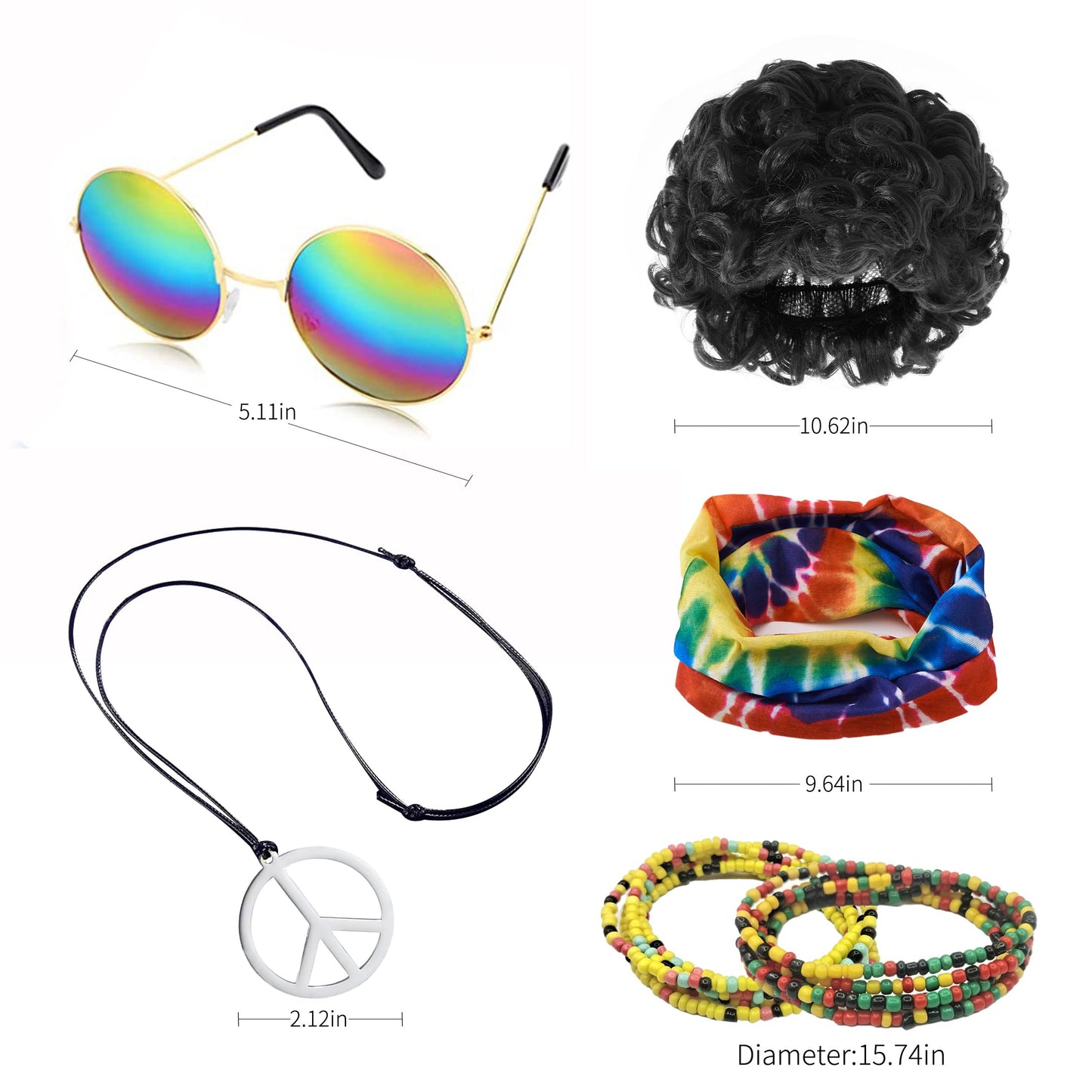 Mainfini Hippie Costume for Men Women Comfortable 60s 70s Outfits Carnival Tie Dye Peace Novelty Theme Party Glasses XL