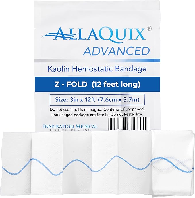 AllaQuix Advanced Kaolin Hemostatic Gauze – Z-Fold Sterile Clotting Bandage (3" x 12 ft, 1-Pack) | Stops Bleeding Fast for...