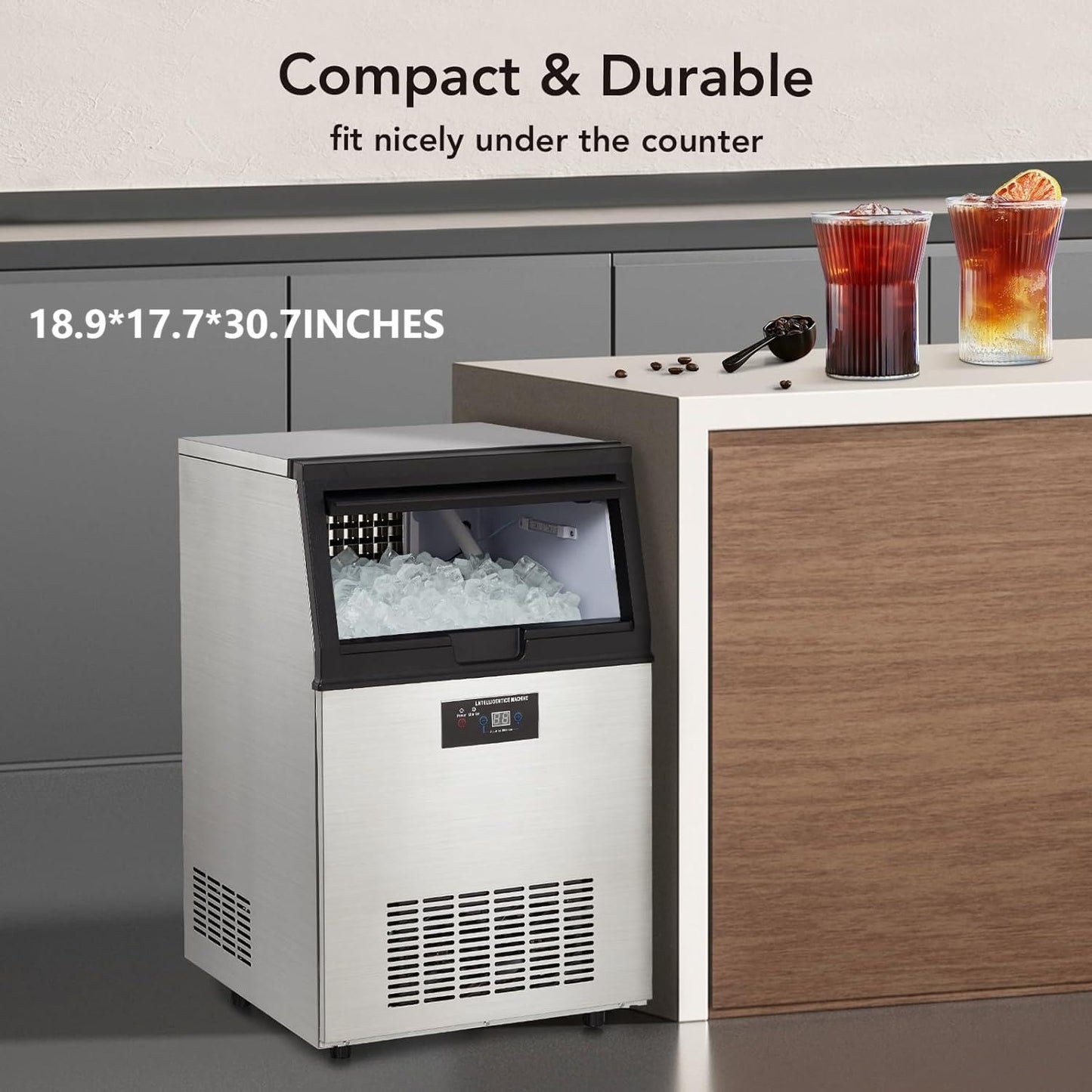 Commercial Ice Maker 80lbs/24H Undercounter Ice Machine, 30 Lbs Storage Capacity, Stainless Steel, Low Noise, Automatic Overflow Prevention, Adjustable Ice Cube Thickness