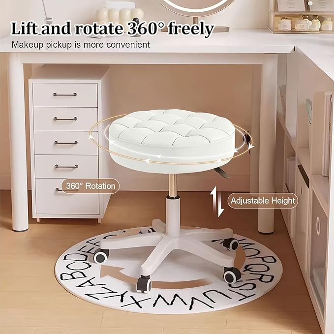 JPBSTO Small Rolling Stool with Wheels, PU Leather Height Adjustable Vanity Work Task Stool, 360 Swivel, Padded Seat Cushion,for Salon, Home, Office