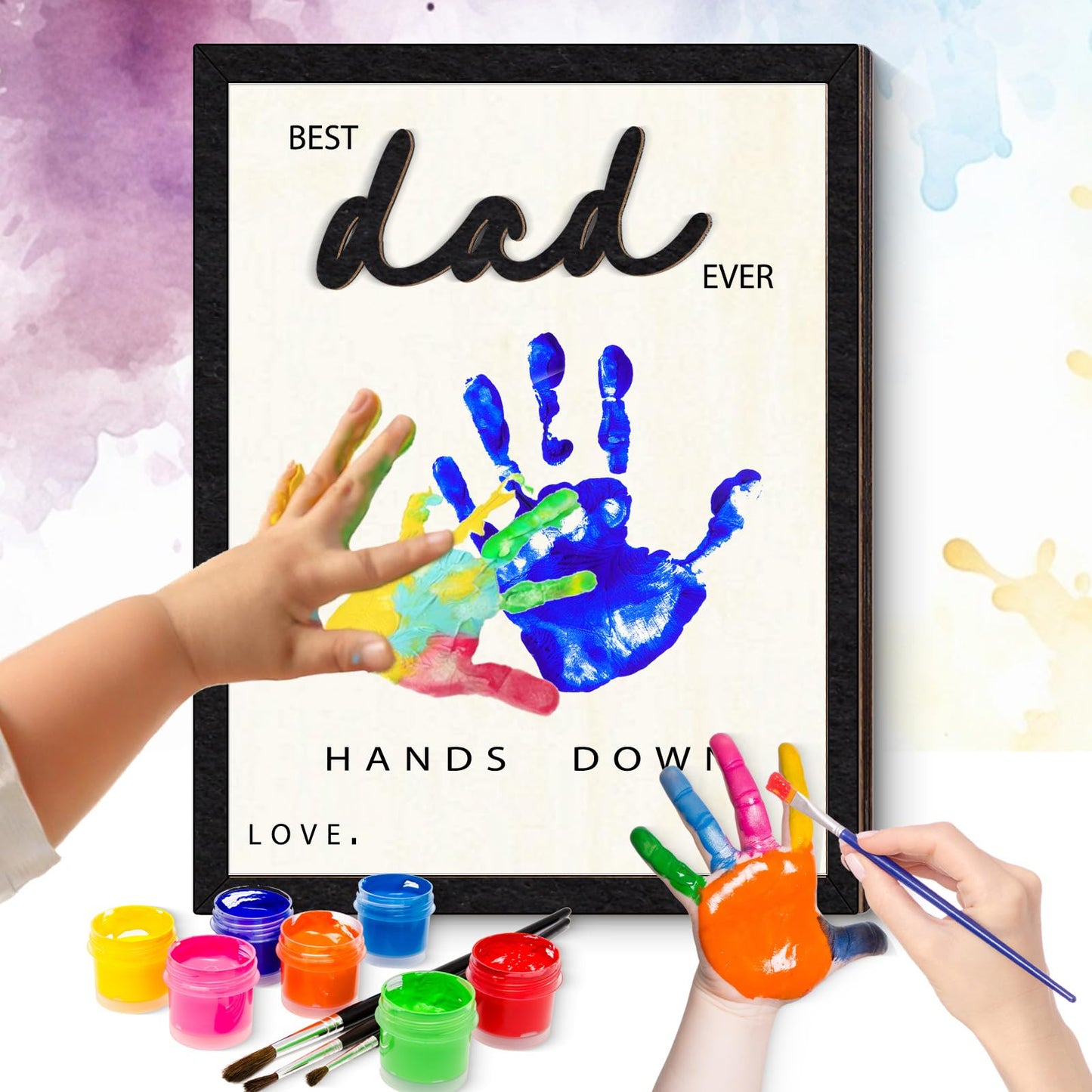 GTYRERO 12'' Best Dad Ever Hands Down Craft Kit Gifts Ideas for Dad, DIY Handprint Art Craft Frame with Paints & Accessories Wood Family Sign Keepsake for Grandpa Stepdad Daddy Papa Birthday Gifts