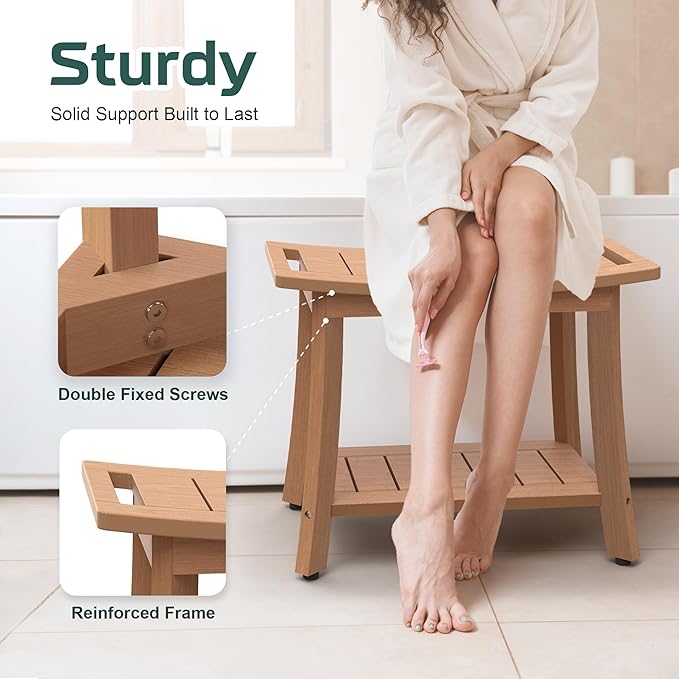 Waterproof Shower Benches for Inside Shower, Poly Lumber Shower Stool with Storage Shelf & Adjustable Feet, SPA Bathroom Seat Chair for Shaving Legs, Indoor or Outdoor Use, Teak Brown