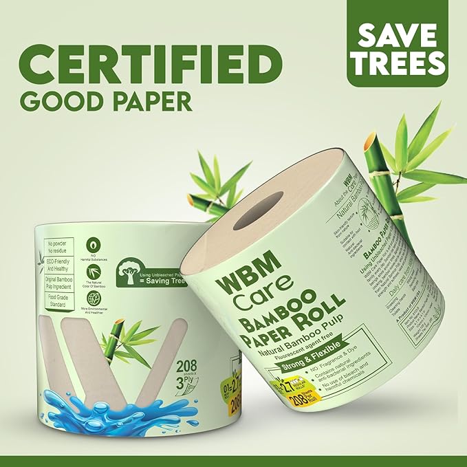 WBM Care Bamboo Toilet Tissue, Strong & Flexible 3-Ply, All Natural Tree Free and Septic Safe Paper Towels, 208 Sheets Each Roll, Total 6240 Sheets, 30 Rolls