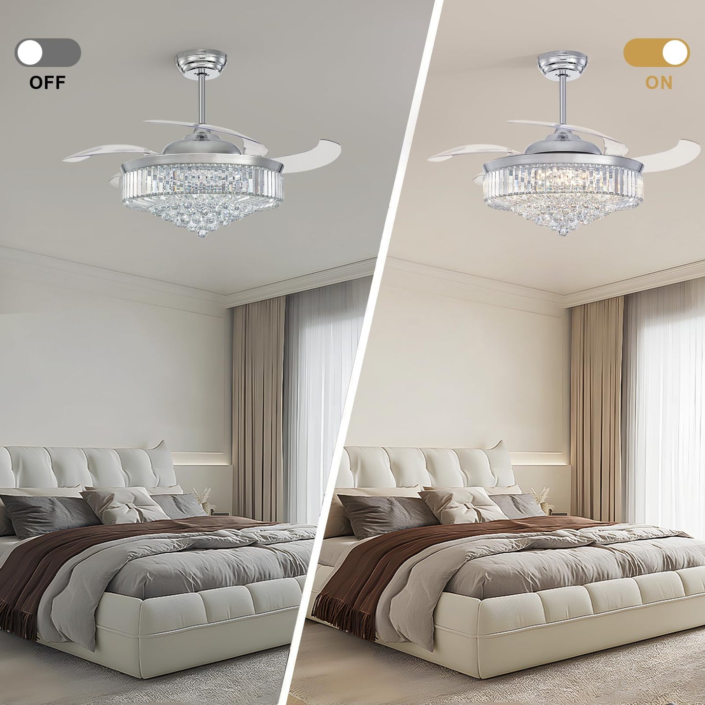 MOOONICHE 52 Inch Fandelier Ceiling Fan with Lights and Remote, Dimmable Crystal Chandelier Fan, LED Crystal Fan Light Kit for Dining Room Bedroom-Chrome