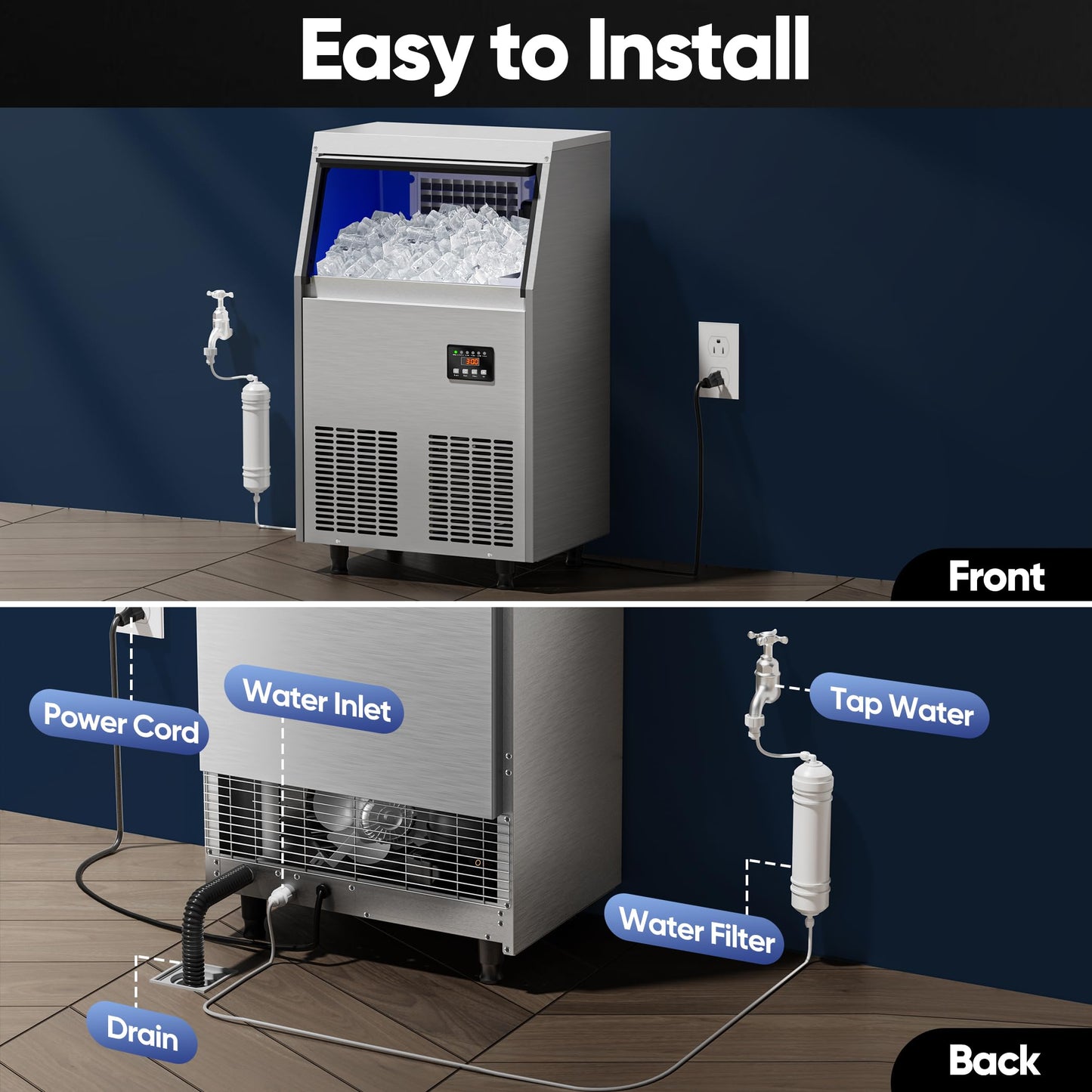 Coolski Commercial Ice Maker Machine 200LBS/24H, Under Counter Ice Maker with 35LBS Storage Capacity, Stainless Steel Ice Machine for Restaurant Home Bar, DOE