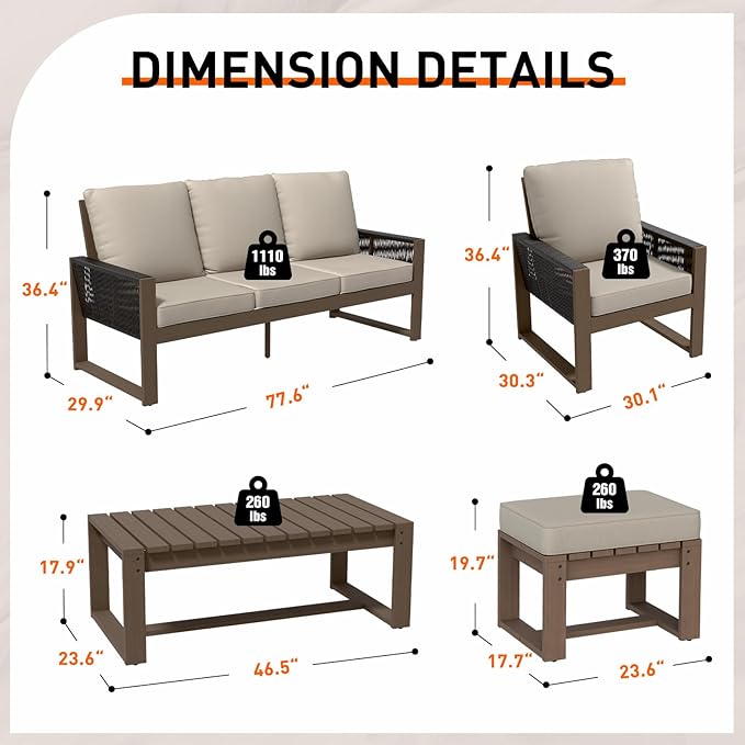 INTER HUT Rustic Hideaway Natural Cedar Wood Outdoor Furniture Set, Wicker Patio Conversation Set for Porch Garden Backyard, Couch, 4 Patio Chairs, Table and 2 Ottomans, 8 Piece, Brownish/Beige