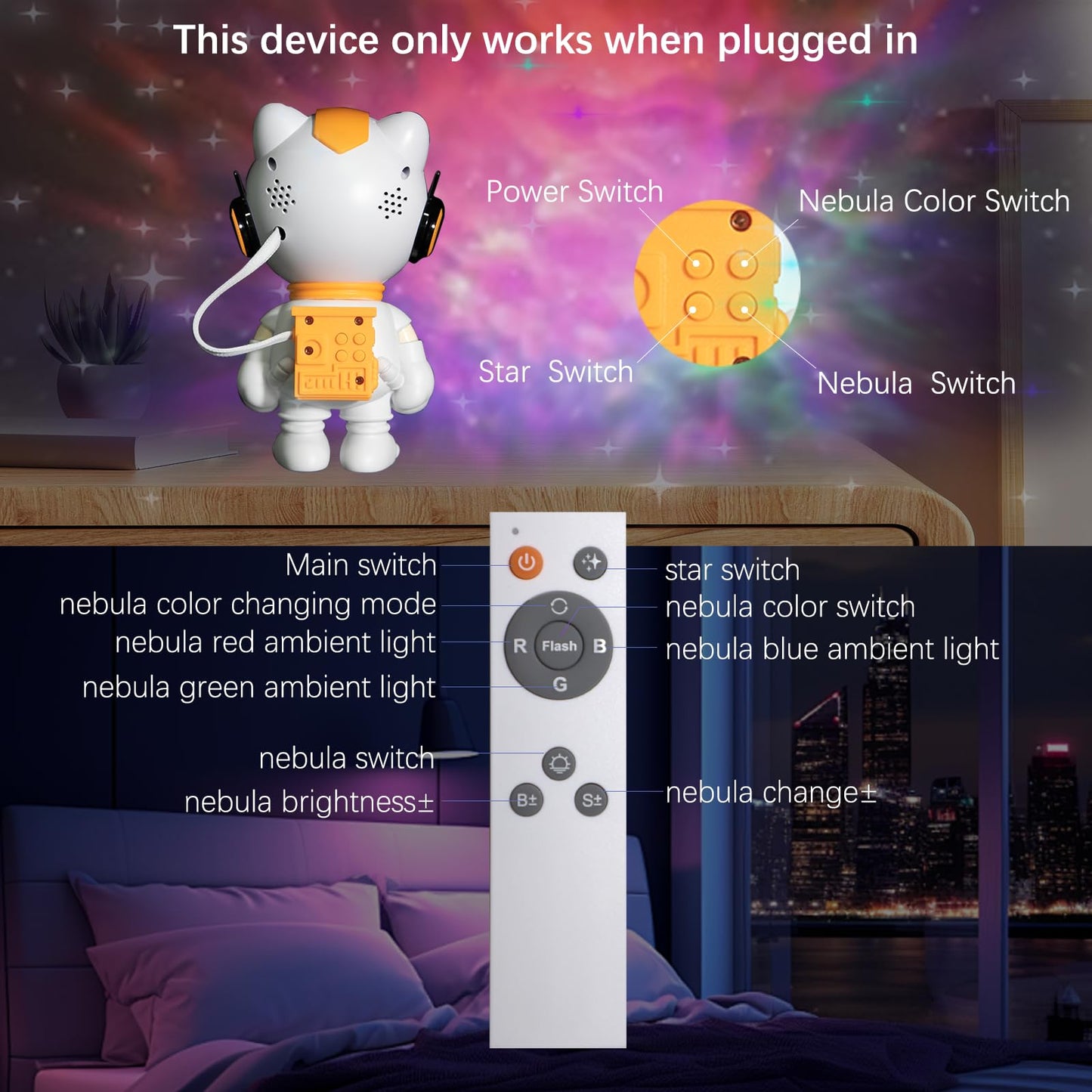 Galaxy Projector for Bedroom, Robot Cat Night Light with Remote Control, Adjustable Star Projector for Kids & Adults, Christmas Birthday Gift, Home Decor, Aesthetic Ceiling Light (White)