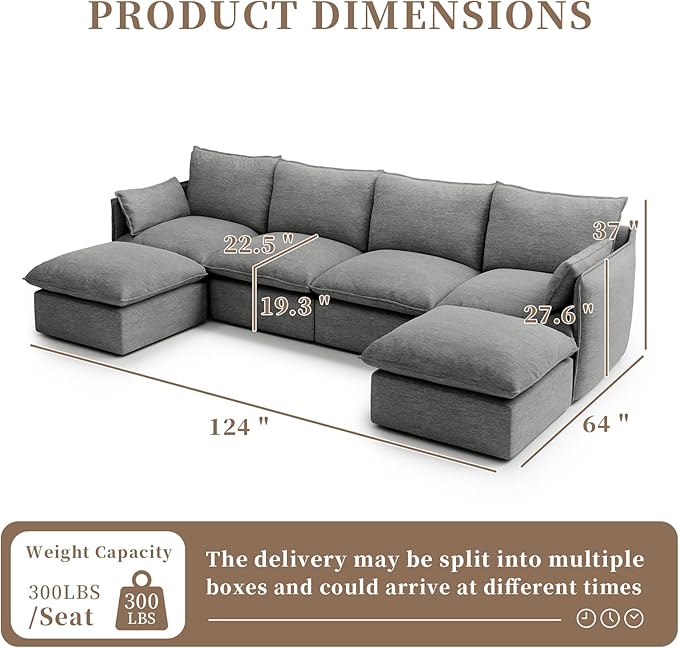 Gtilzria Waterproof Cloud Sectional Couches for Living Room,High Backrest Down Filled Couch,6 Seater Oversized Modular U-Shaped Sofas with Chaise,Detachable Sofa Covers,Deep Grey