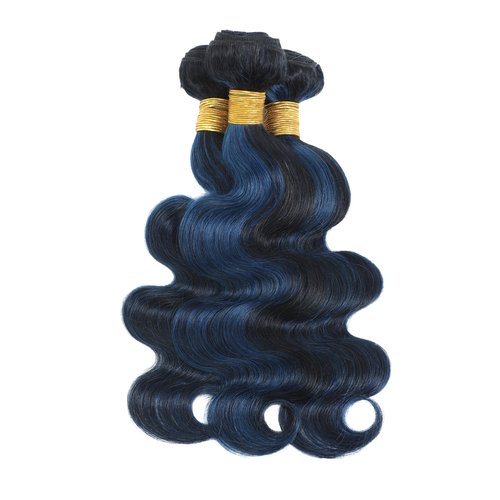 ALHER Black Mix Midnight Blue Bundle Human Hair Body Wave, 12A Soft Thick 3 Bundles Wavy Human Hair, 100% Remy Hair Balayage Two Tone Subtle Colored Double Weft (#1B/Blue, 10 12 14 IN)