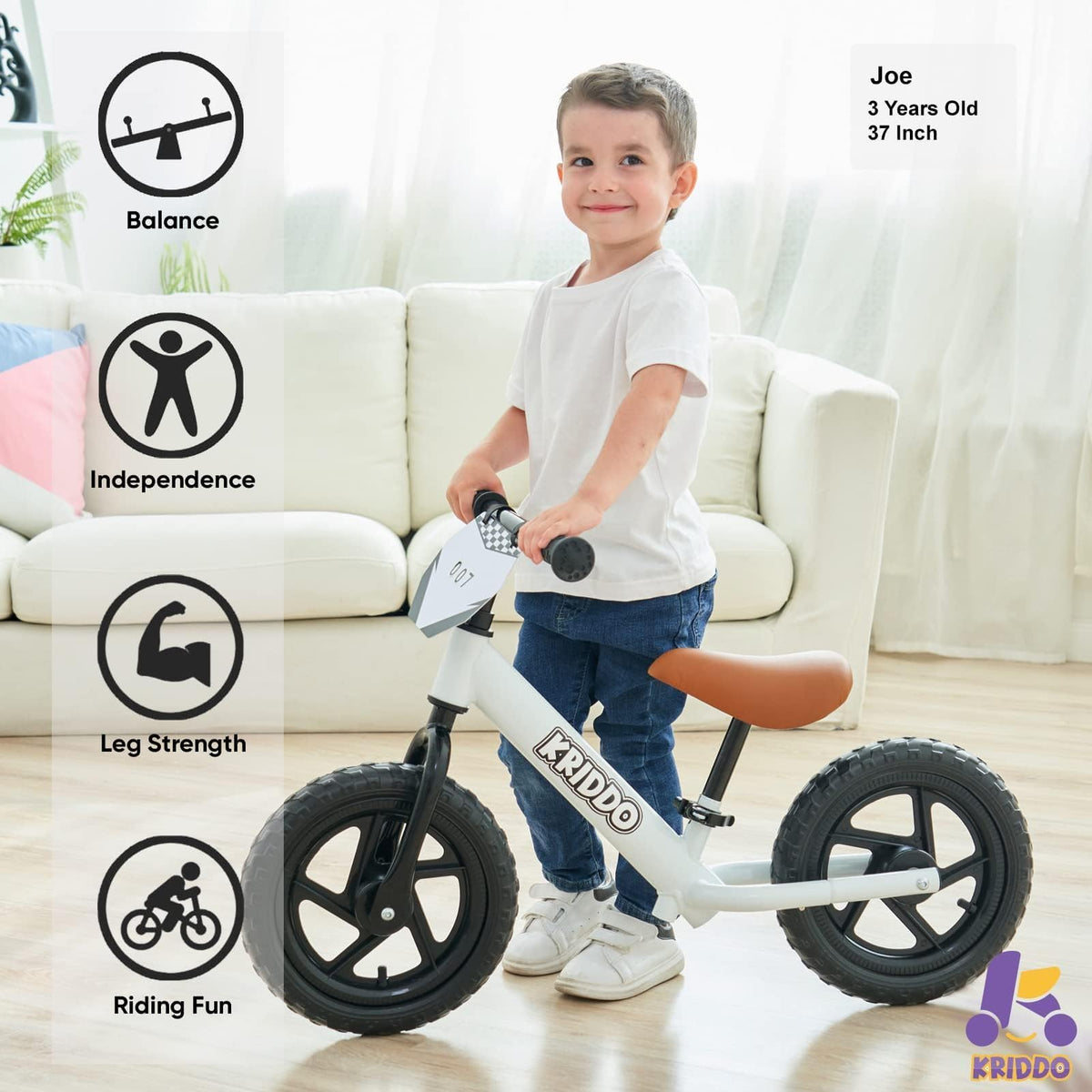 KRIDDO Toddler Balance Bike 2 Year Old, Age 24 Months to 5 Years Old, 12 Inch Push Bicycle with Customize Plate (3 Sets of Stickers Included), Gift Bike for 2-3 Boys Girls, White