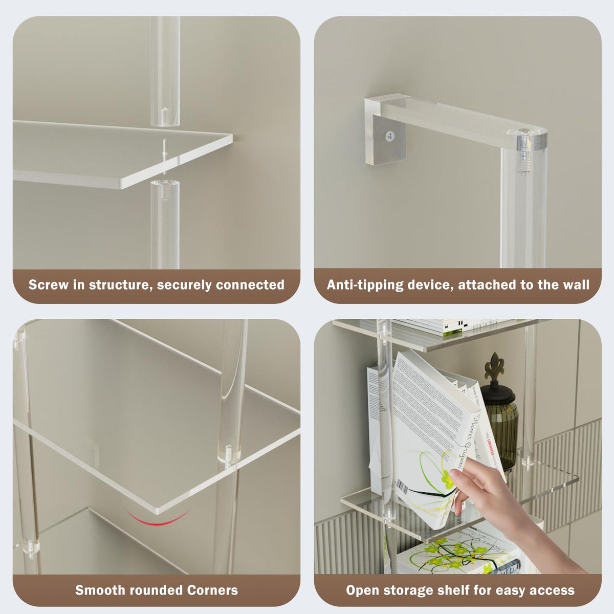 Nynelly 5-Tier Acrylic Ladder Bookshelf, Wall Mounted Narrow Display Shelf for Small Spaces, Clear Organizer Bookcase for Living Room, Bathroom, Office, Multipurpose Open Shelf Unit