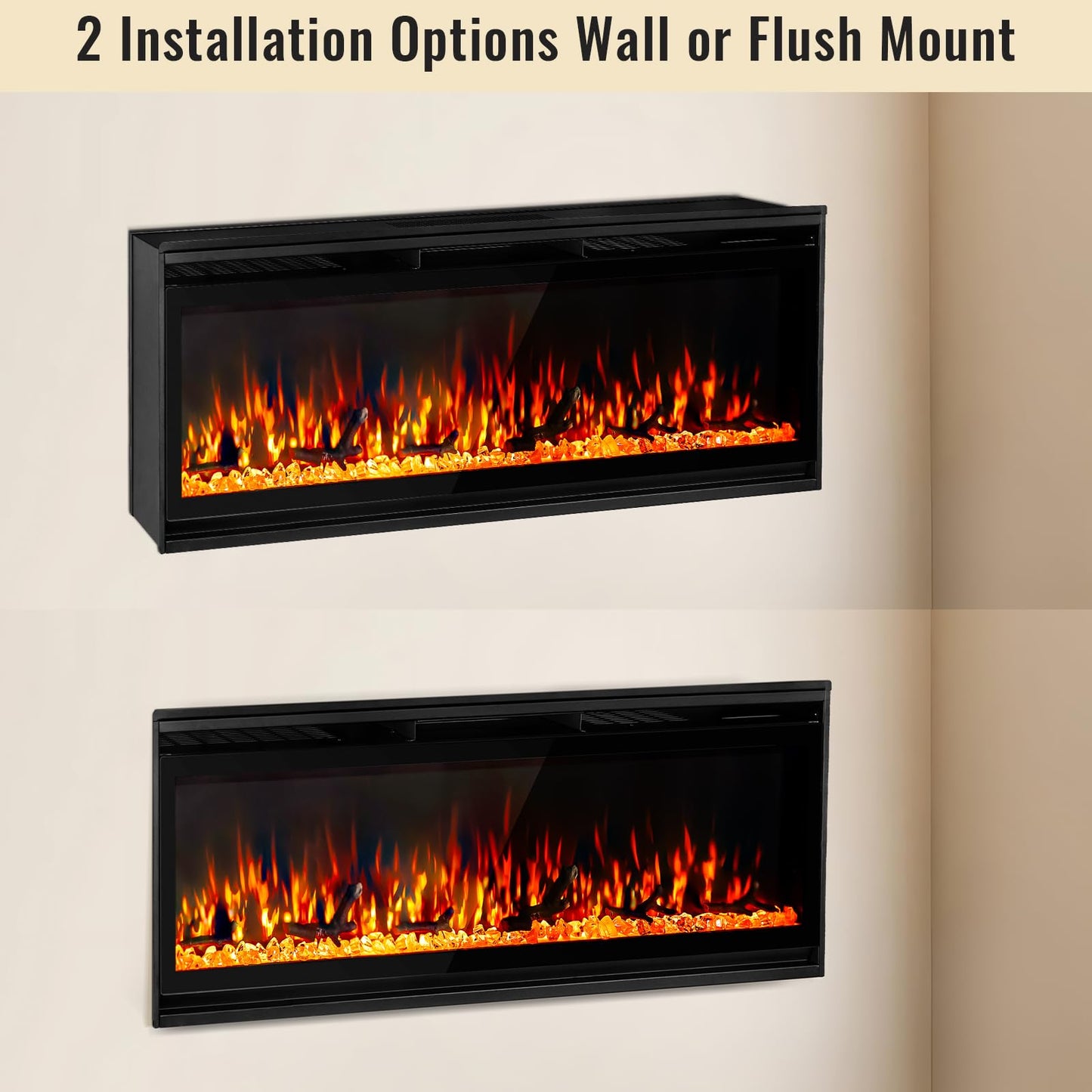 70 Inch Wall Fireplace Electric with Remote Control, Recessed and Wall Mounted Electric Fireplace, with Timer, Touch Screen, Adjustable Flame Color, 750-1500W, Log & Crystal Included