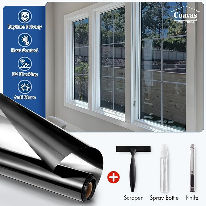 Coavas One Way Privacy Window Film,Daytime Window Tint for Home, Reflective Mirror Glass Window Film See Out Not in,Heat UV Blocking Anti-Glare Window Covers with 3 Tools, 17.5 x 78.7 Inch, Black