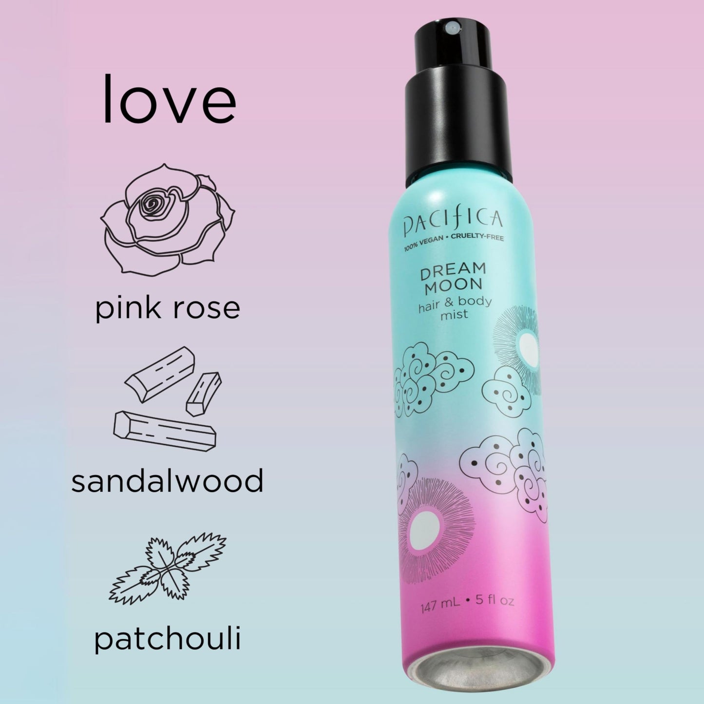 Pacifica Hair Perfume & Body Fragrance Spray Mist - Dream Moon with Bergamot, Pear, Pink Rose, Coconut, Vanilla, Sandalwood & Patchouli – Alcohol-Free, Vegan & Cruelty-Free, 5 oz (1 Count)