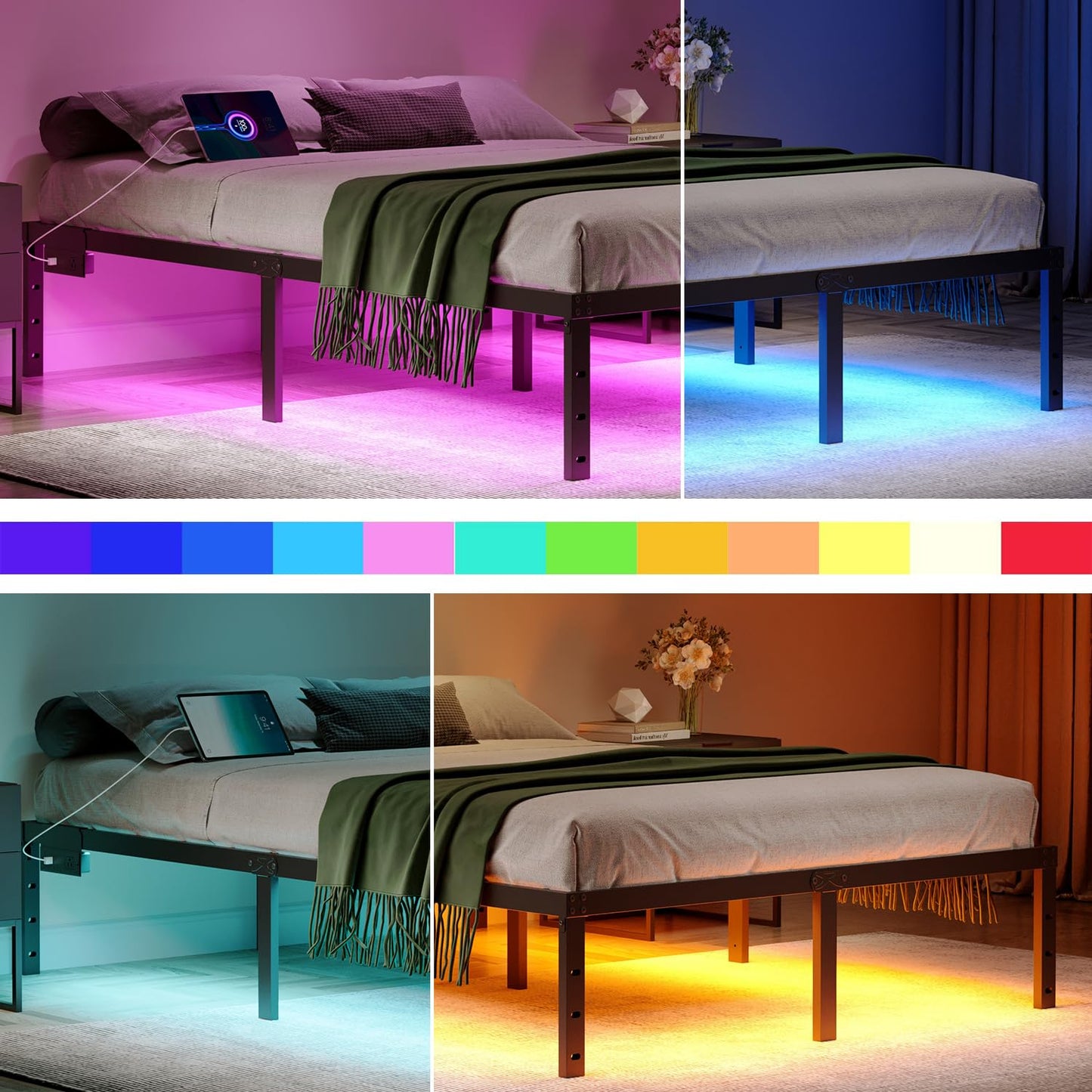 HAVONIZD Queen Bed Frame with LED Lights & Charging Station - 14 Inch Heavy Duty Metal Platform Bed Frame No Box Spring Needed, Easy Assembly, No Noise