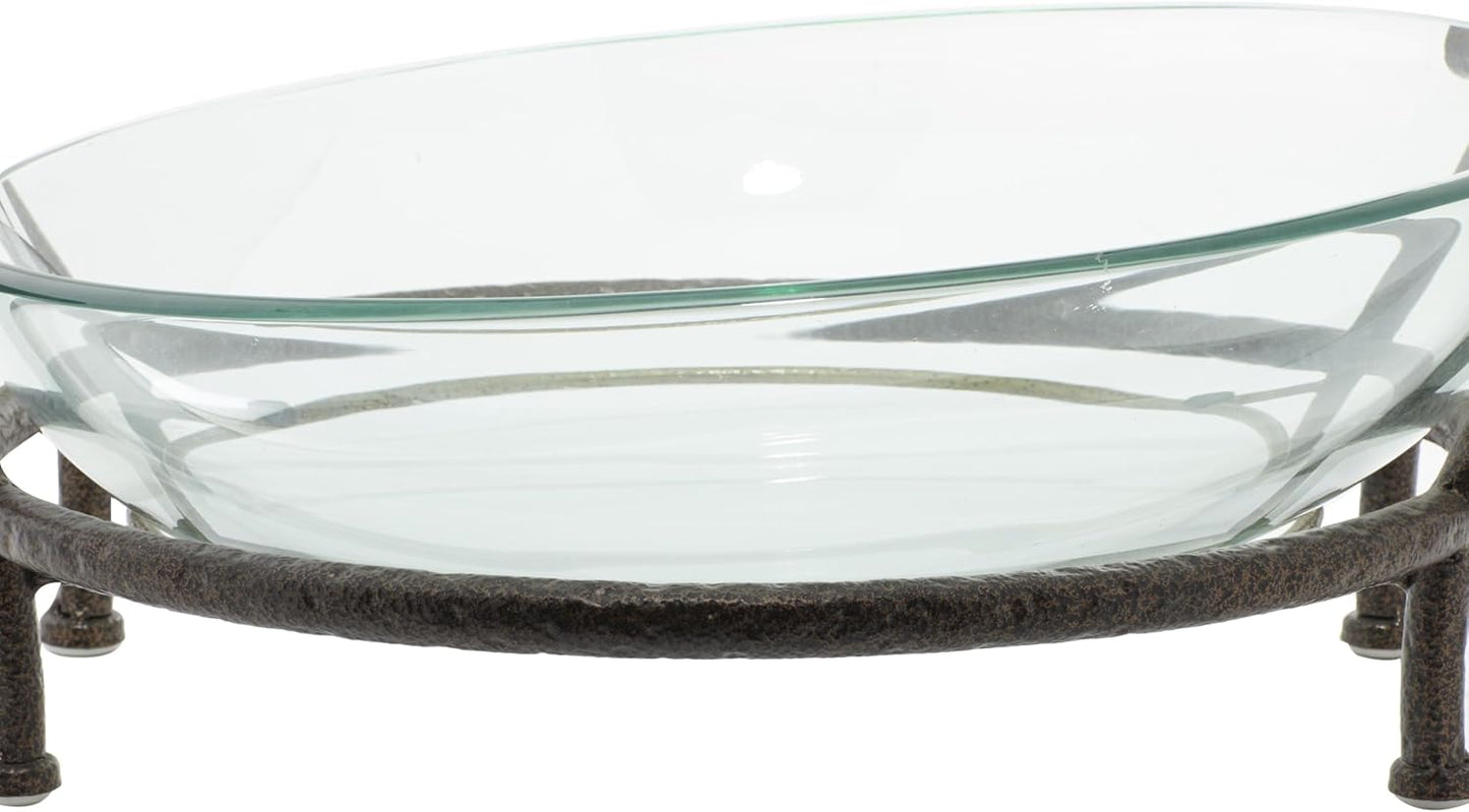 Deco 79 Tempered Glass Kitchen Serving Bowl with Brown Metal Base, 19" x 16" x 7", Clear