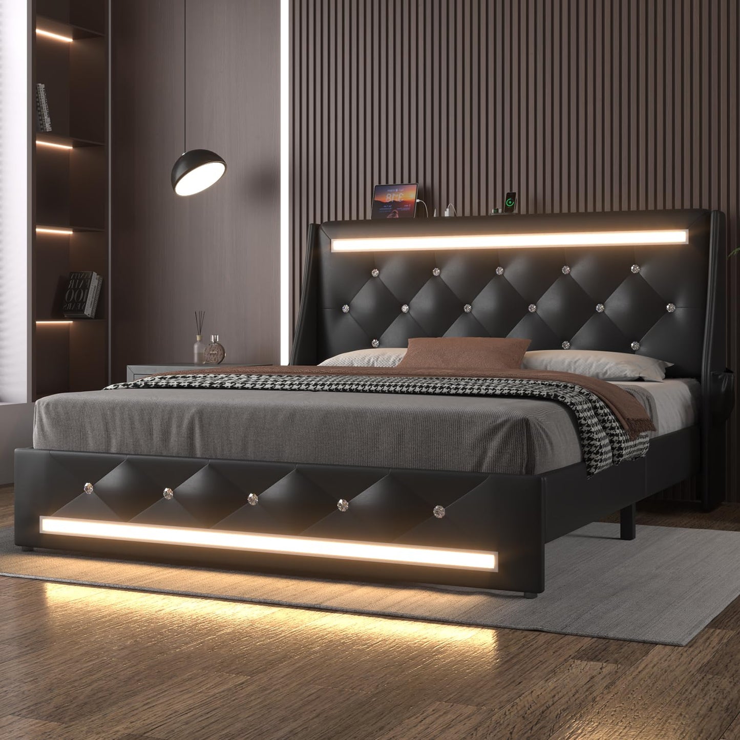 E-Motie Full Size Bed Frame with Wingback Upholstered Diamond Tufted Storage Headboard, LED Lights and Charging Station, Solid Wood Slats, Noise-Free, Easy Assembly, No Box Spring Needed, Black