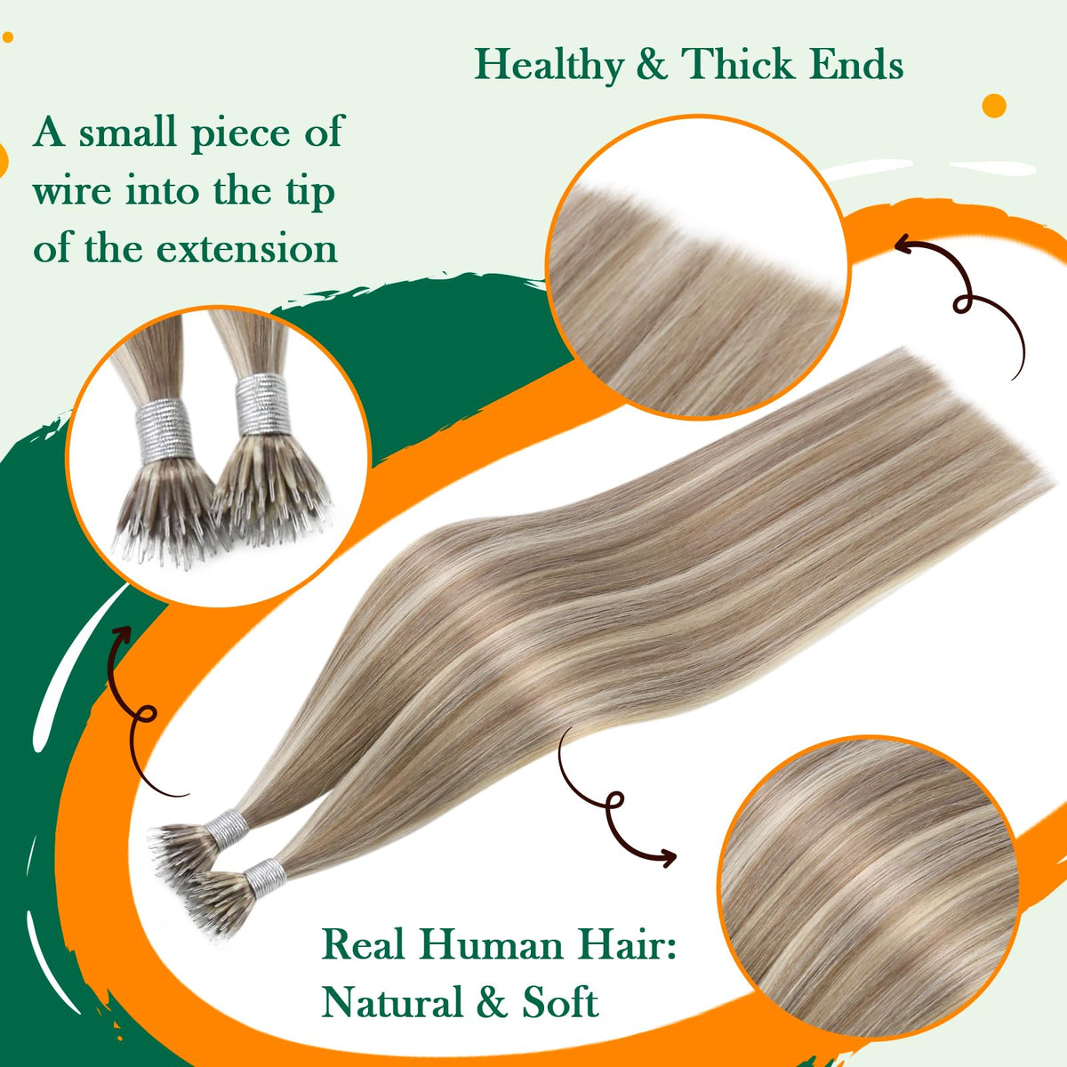 Easyouth Seamless Nanos Hair Extension Highlighted Nano Tip Hair Extensions Medium Blonde with Light Brown Nano Ring Hair Extens