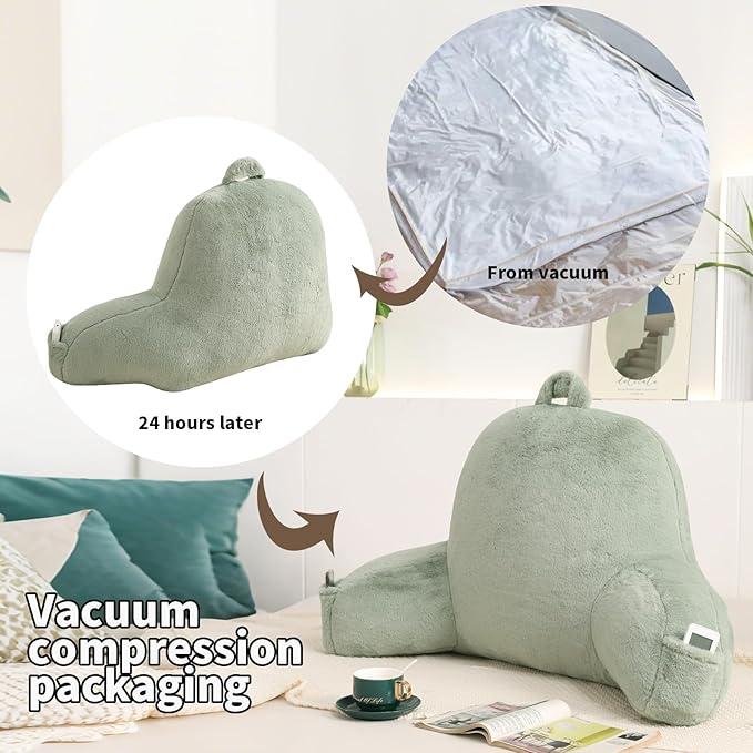 PAJEO Reading Pillow for Sitting in Bed, Large Backrest Reading Pillow with Arm Rest,Back-Rest Support Cushion for Sit Up on Couch, Sofa, and Floor, Dorm Essentials (Green Faux Fur, Standard(17"))